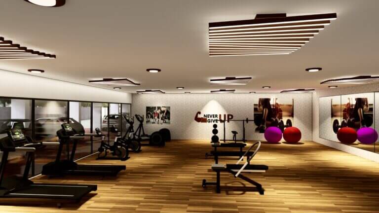 RRL Nature Woods - indoor gym view with equipments such as exercise ball treadmill and push up desk.