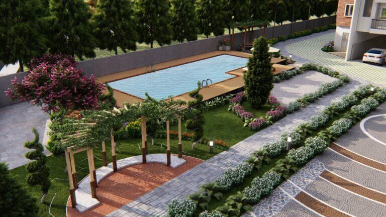 RRL Nature Woods - showing outdoor swimming pool view with jogging track and greenery.