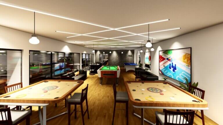 RRL Nature Woods - indoor games room with carroms desk and pool.