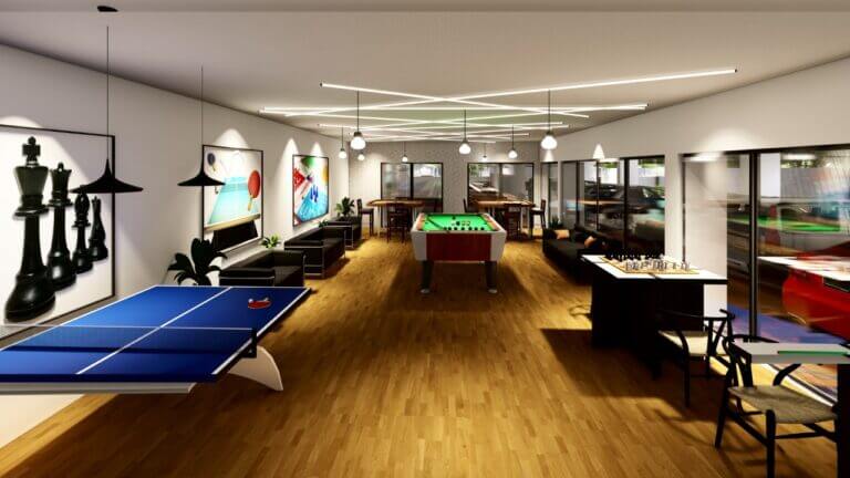 RRL Nature Woods - indoor games view showing chess board desk, table tennis and pool.