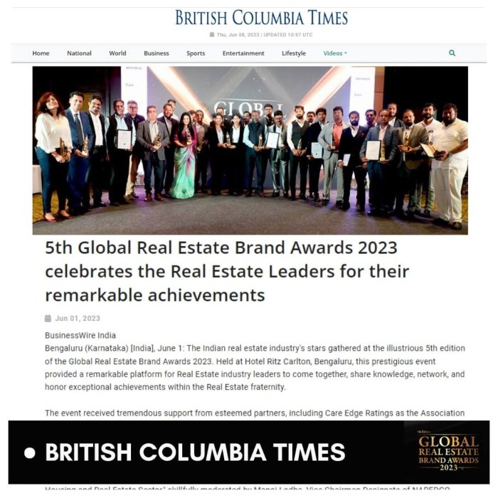 British Columbia Times coverage on 5th global real estate brand awards, 2023.